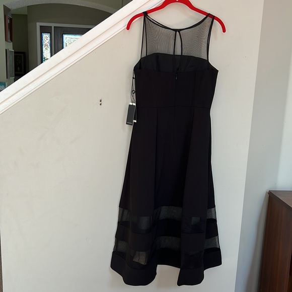 ADRIANNA PAPELL CREPE AND MESH ILLUSION MIDI FIT-FLARE COCKTAIL DRESS IN BLACK - Picture 7 of 13